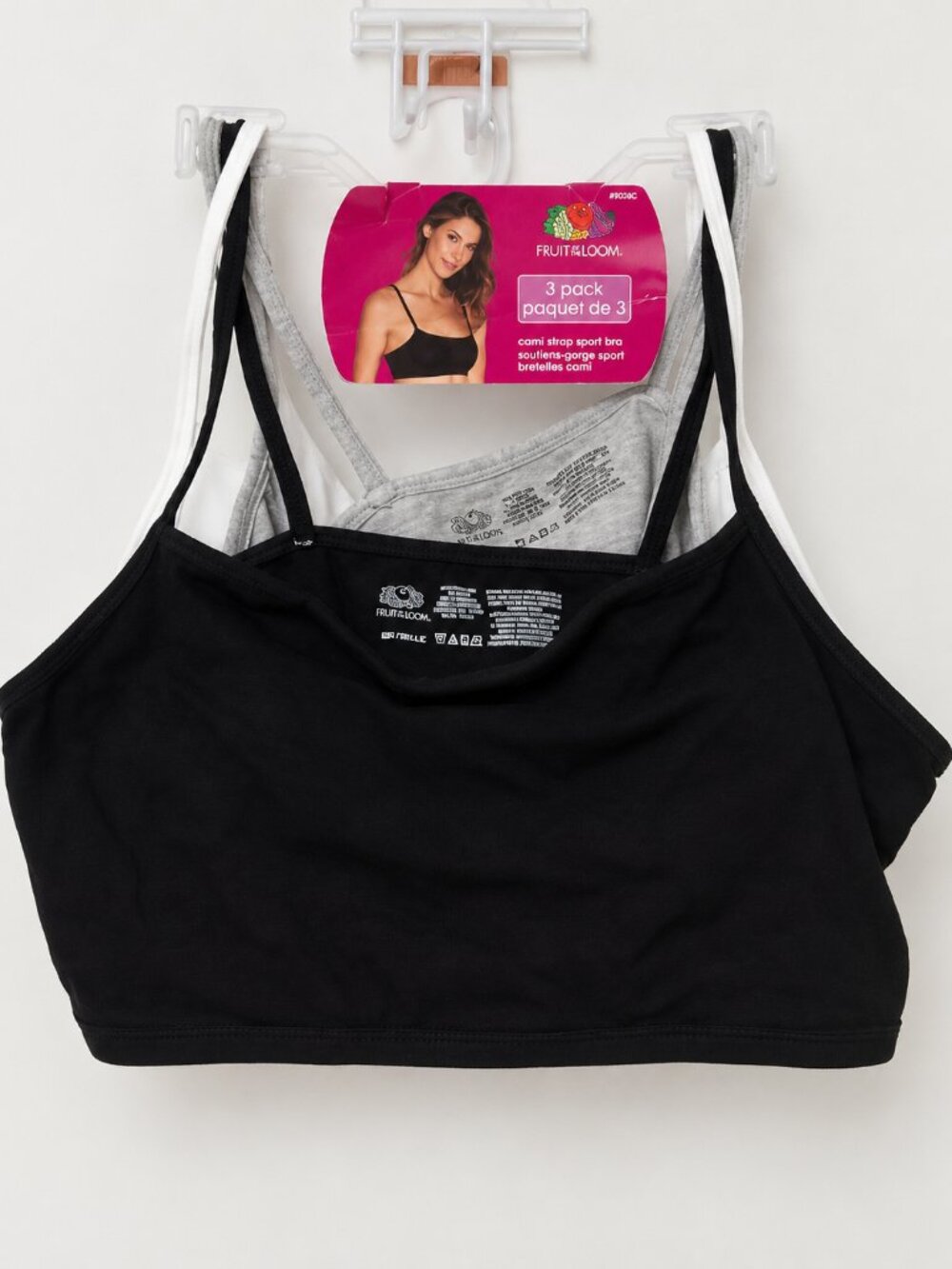 Fruit of the Loom Womens 42 Cami Strap Sports Bra 3 Pack Black White Gray Cotton